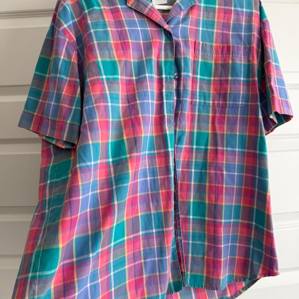 Vintage Jantzen multicolored plaid polyester button up shirt #plaid #retro # vin